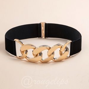 Chain Detail Elastic Black Belt Gold Tone